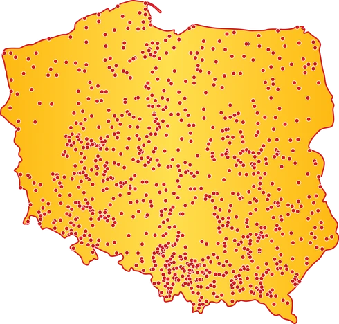 Mapa polski z żółtym tłem i czerwonymi granicami z zaznaczonymi kropkami miejscowościami zgłoszonymi do orszaku